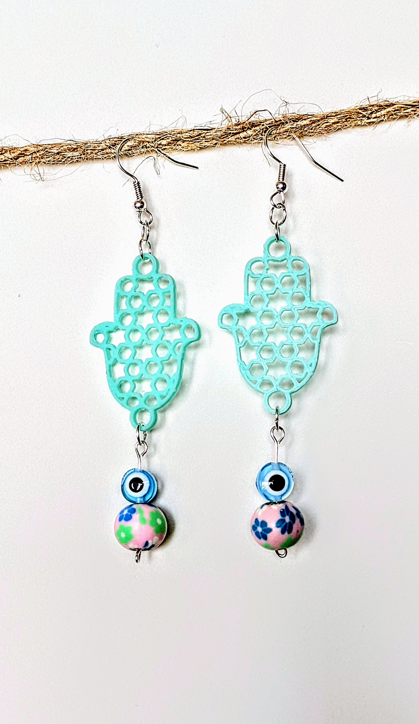 Evil Eye Candy Earrings- Sea Foam Green w/ Floral Clay Bead