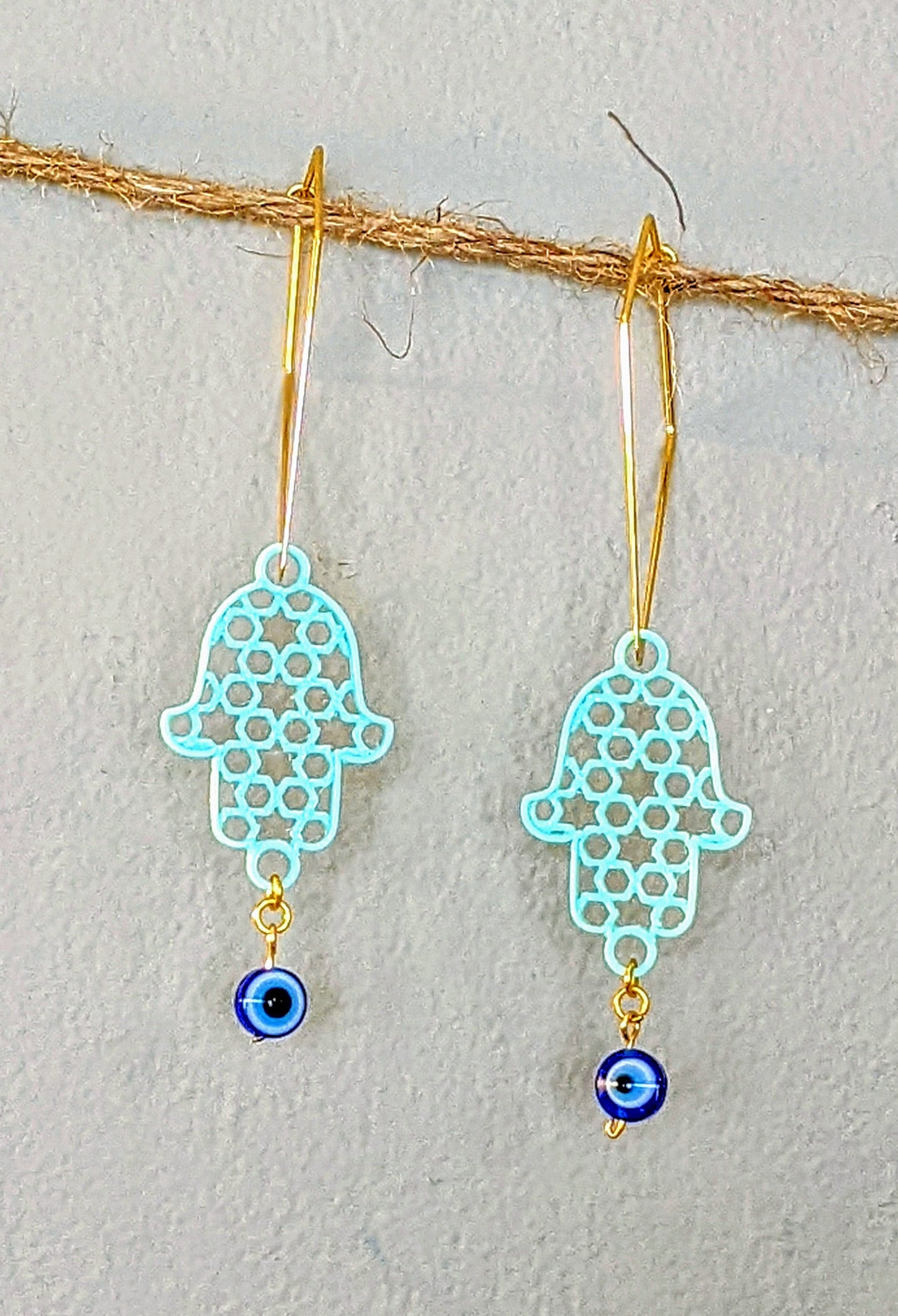Evil Eye Candy Earring - Angular Hook w/ Sea Foam Hamsa