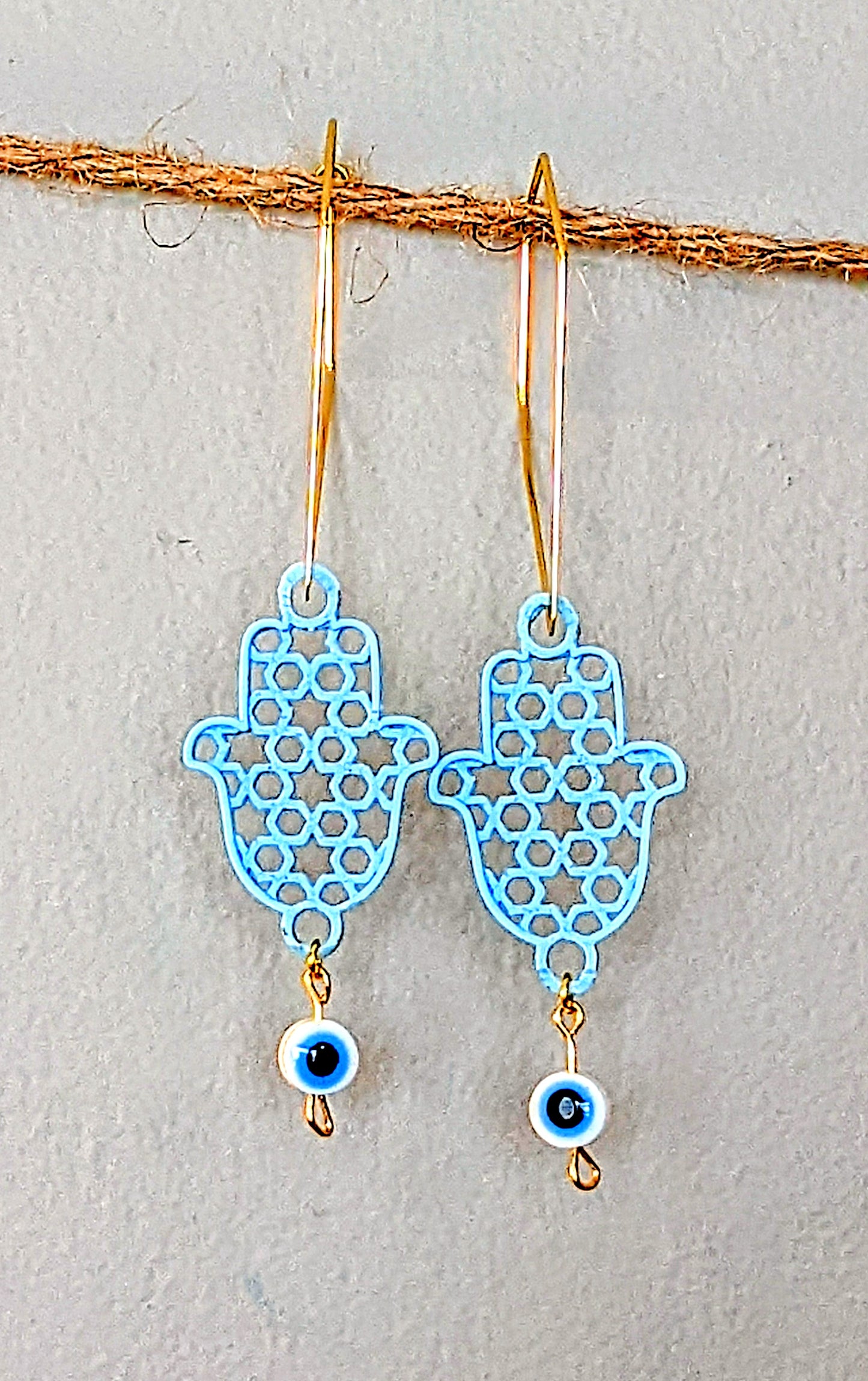 Evil Eye Candy Earrings - Angular Hook w/ Spring-Sky Blue Hamsa