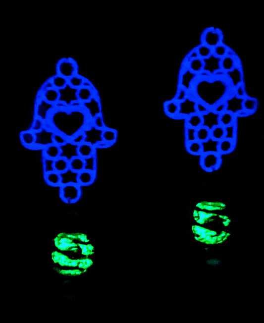 Ahavah Chic Earrings - Glow in the Dark Hamsa Heart w/ Gold, Pink & Peach Elements