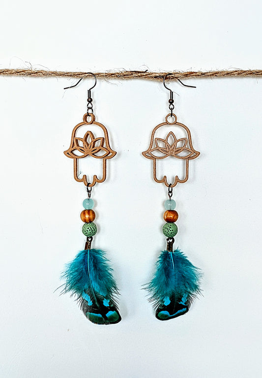 Adamah Earrings- Sea Foam Lava Rock w/ Aqua Feathers