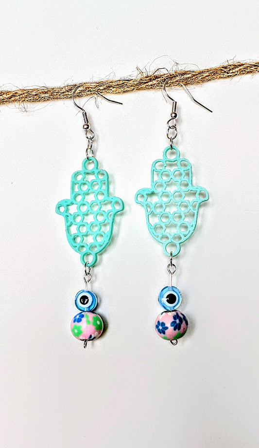 Evil Eye Candy Earrings- Sea Foam Green w/ Floral Clay Bead