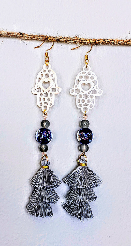 Ahavah Chic Earrings - Pearl White Hamsa w/ Blue & Silver