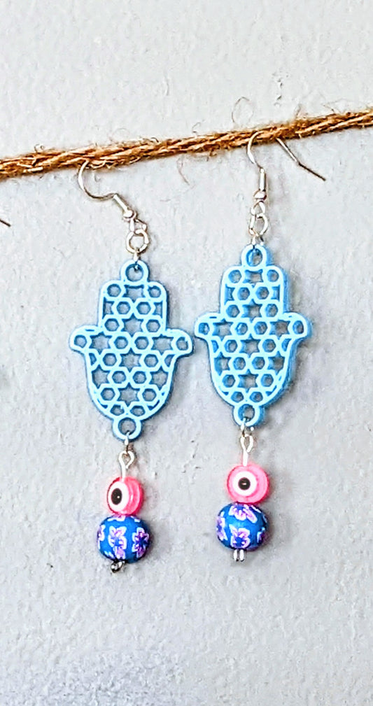 Evil Eye Candy Earrings - Spring Sky Blue w/ Blue and Pink Floral Clay Bead
