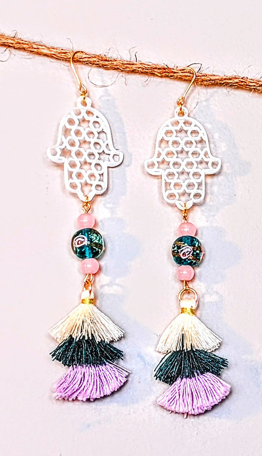 Ahavah Chic Earrings - Pearl Judaic Web w/ Teal & Rose Blown Glass