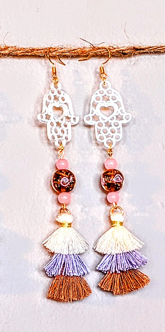 Ahavah Chic Earrings - Pearl Hamsa Heart w/ Bronze, Gold & Rose Blown Glass