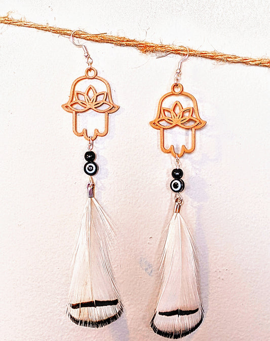 Adamah Earrings - Black Evil Eye w/ Black & White Feather