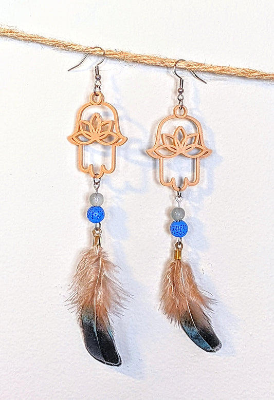 Adamah Earrings - Blue Lava Stone w/ Oil Slick Tipped Feather