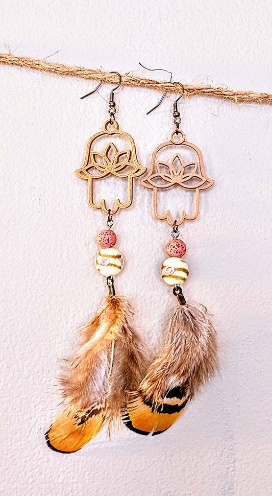 Adamah Earrings - Pink Lava Rock w/ White, Gold, Rose Swirled Blown Glass