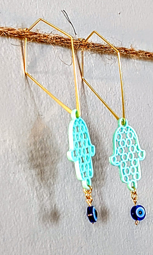 Evil Eye Candy Earring - Angular Hook w/ Sea Foam Hamsa