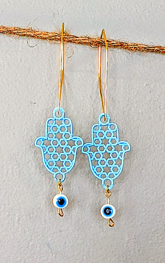 Evil Eye Candy Earrings - Angular Hook w/ Spring-Sky Blue Hamsa