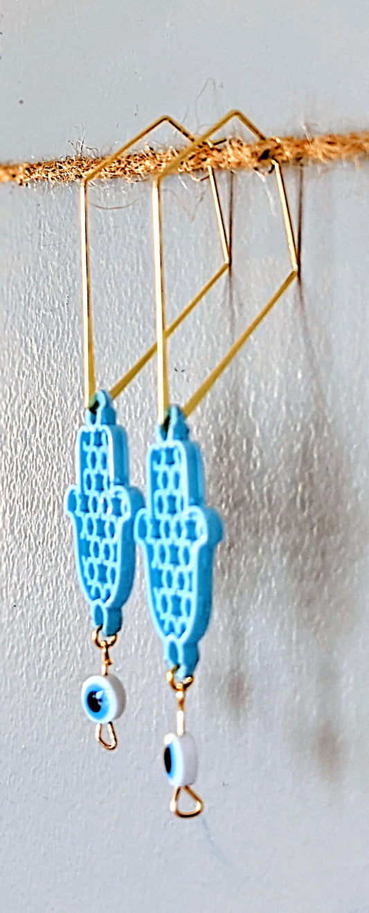 Evil Eye Candy Earrings - Angular Hook w/ Spring-Sky Blue Hamsa