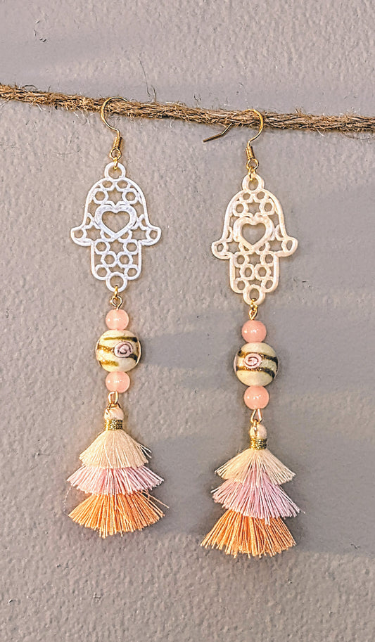 Ahavah Chic Earrings - Pearl Hamsa Heart w/ Gold, Pink & Peach Elements
