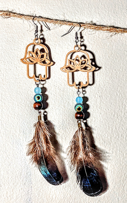 Adamah Earrings - Multi Color Turquoise Malachite w/ Oil Slick Tipped Feather
