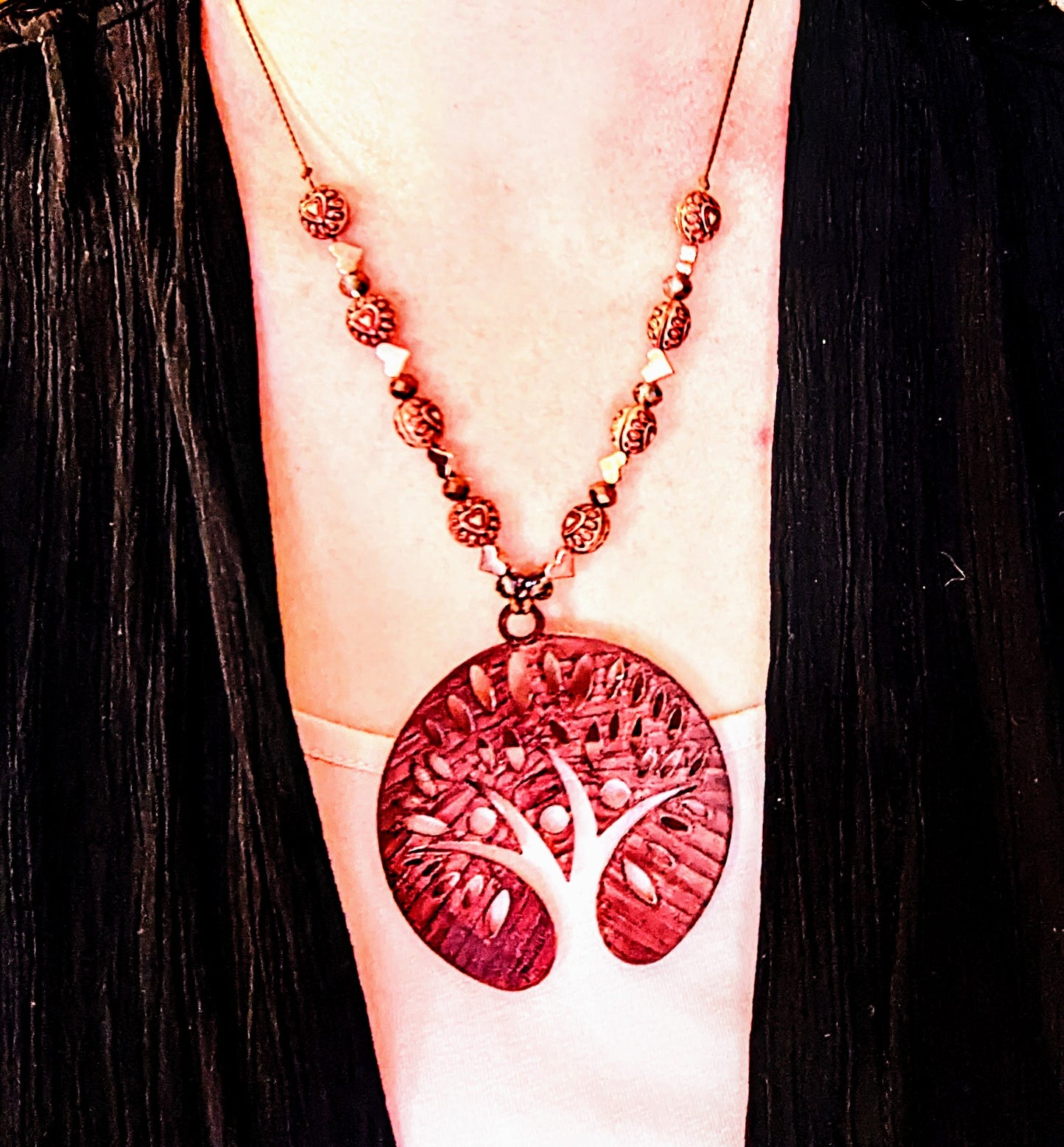 Tree of Life - Humanity - Mahogany w/ Rose Gold Hematite Hearts & Glass Luster Rondels