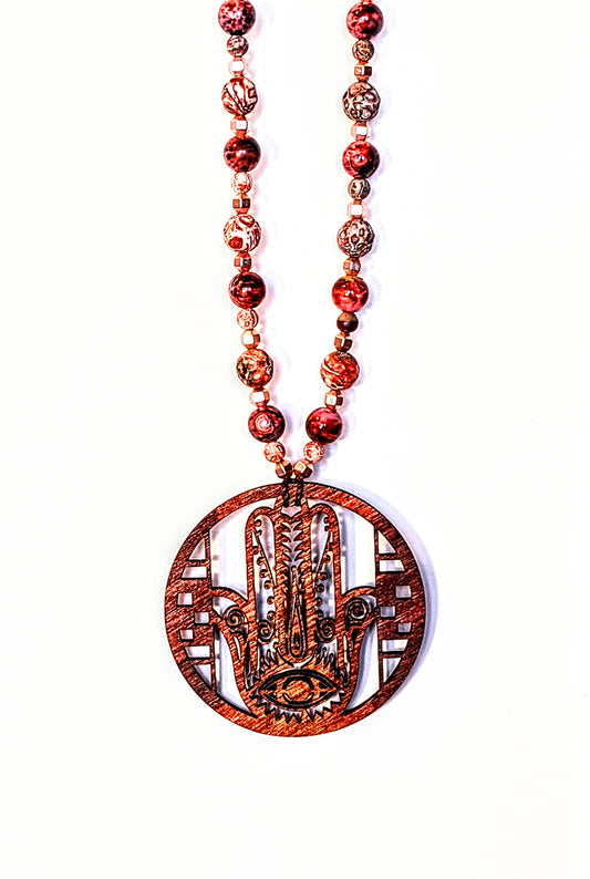Adamah Necklace - Wood Hamsa w/ Stone Beads & Rose Gold Hematite